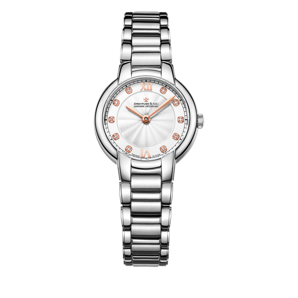 Dreyfuss & Co ladies watch in stainless steel with a white dial and rose gold hands with diamond indices 