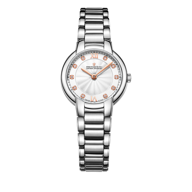 Dreyfuss & Co ladies watch in stainless steel with a white dial and rose gold hands with diamond indices 