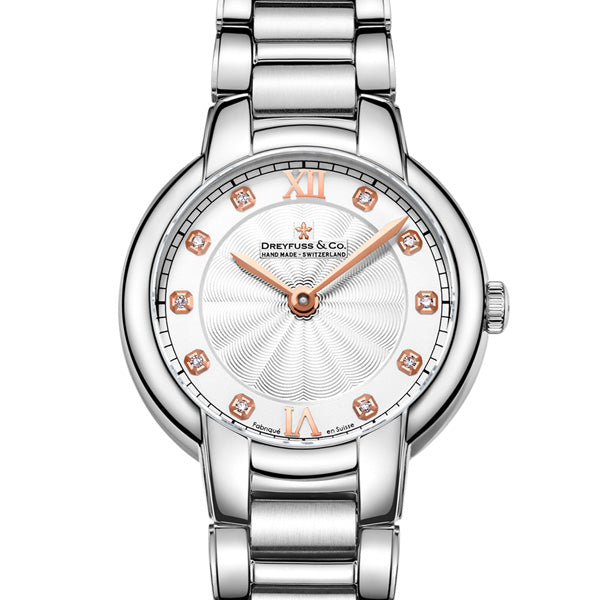 Dreyfuss & Co ladies watch in stainless steel with a white dial and rose gold hands with diamond indices 