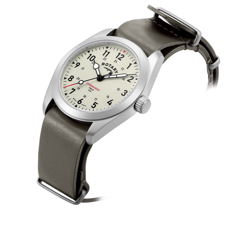 rotary military field style watch in sandblasted stainless steel with a leather nato strap. The watch has a cream coloured dial and 3 hands with luminescence