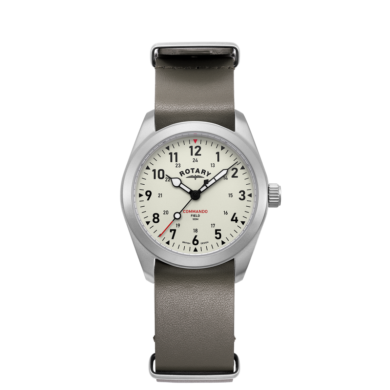 rotary military field style watch in sandblasted stainless steel with a leather nato strap. The watch has a cream coloured dial and 3 hands with luminescence