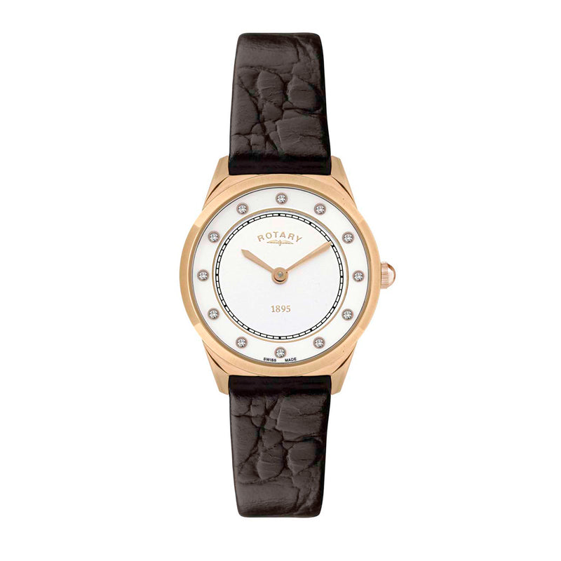 Ladies gold watch with a brown leather strap and diamond indexes